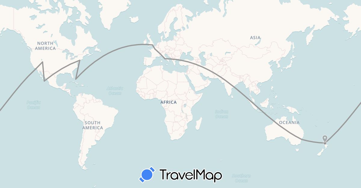 TravelMap itinerary: plane in Australia, Bahamas, France, United Kingdom, Italy, Mexico, New Zealand, United States (Europe, North America, Oceania)